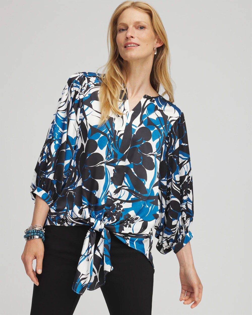 2171 Blue Floral Tie Front Blouse